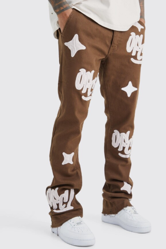 Boohooman Fixed Skinny Flare Gusset Applique Cargo Trouser In Brown