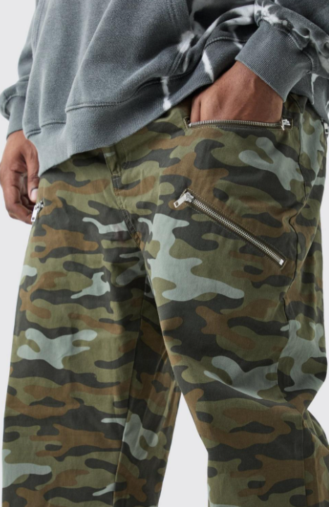 Boohooman Tall Fixed Waist Straight Leg Twill Camo Zip Gusse Trouser In Green