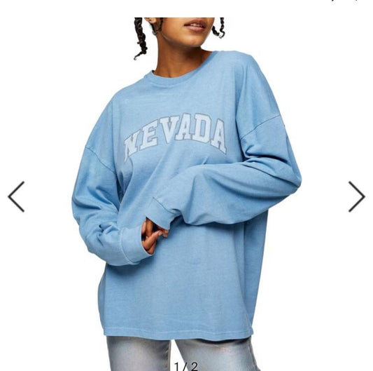 TOPSHOP NEVADA MOTIF LONG SLEEVE SKATER TOP IN BLUE