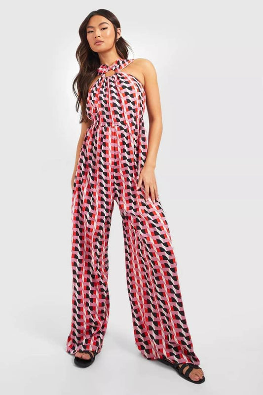 BOOHOO GEO PRINT RING DETAIL WIDE LEG JUPSUIT IN MULTI