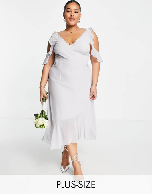 LITTLE MISTRSS PLUS BRIDESMAID COLD SHOULDER MIDI DRESS IN GREY