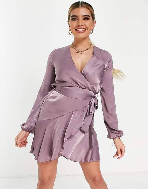 FIRST LABEL SATIN MINI WRAP DRESS IN LILAC