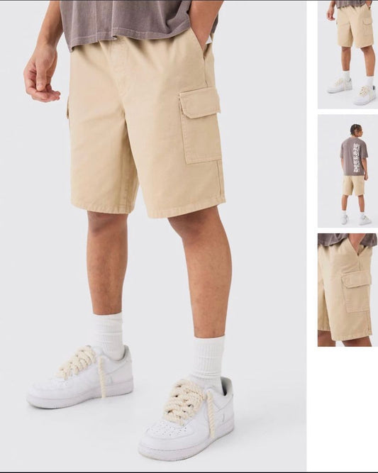 BOOHOOMAN PLUS ELASTIC WAIST STONE RELAXED FIT CARGO SHORT IN BROWN