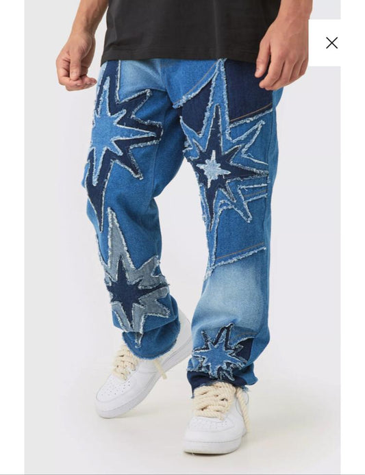 BOOHOOMAN PRINT STAR STLY MEN JEAN IN BLUE