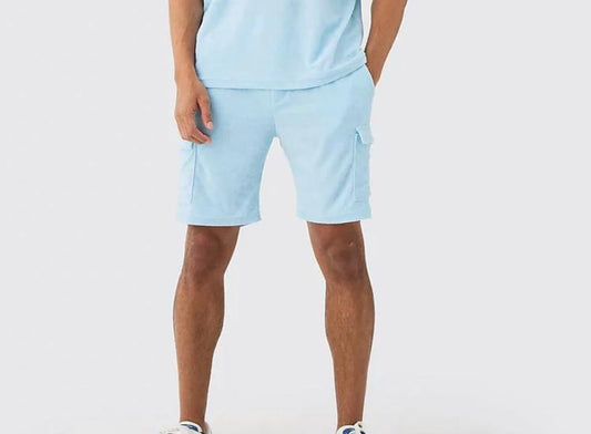 BOOHOOMAN LOOSE FIT MID TOWELLING-HOMME SHORT IN BLUE