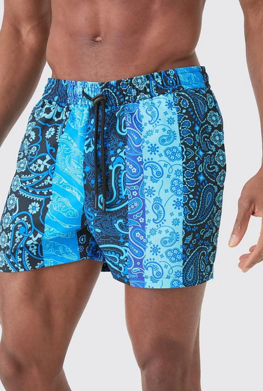 BOOHOOMAN SHORT LENGTH BANDANA SWIM SHORT IN BLUE