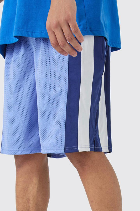 BOOHOOMAN MESH COLOUR BLOCK BASKETBALL SHORTS IN BLUE