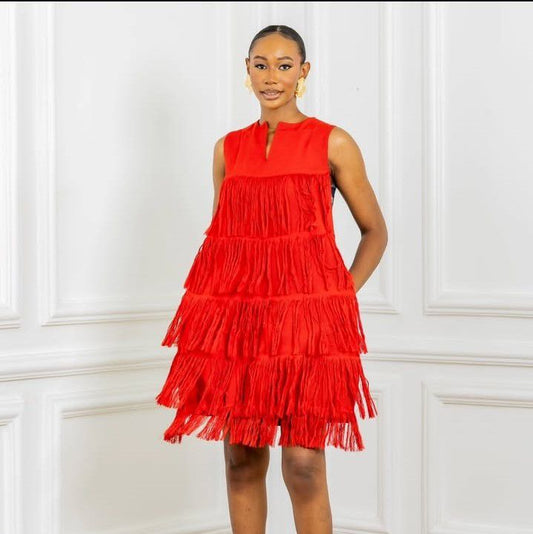 Mix Fringe Denim Bubble Dress
