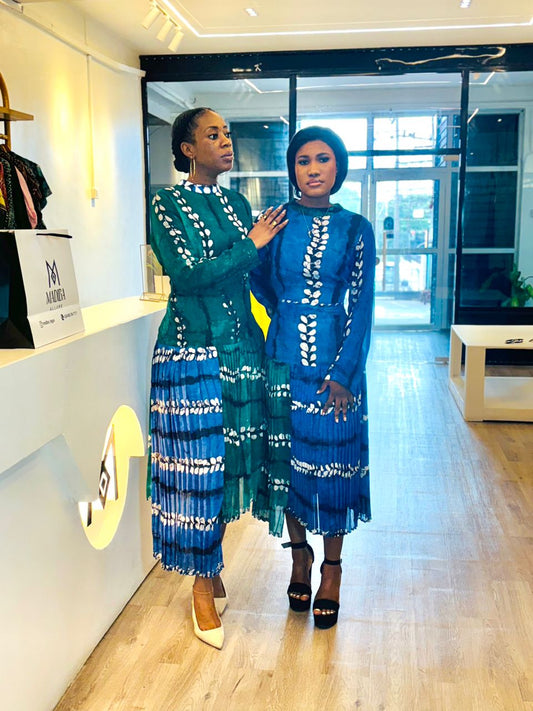 Adire Maxi Dress (Blue & Green)