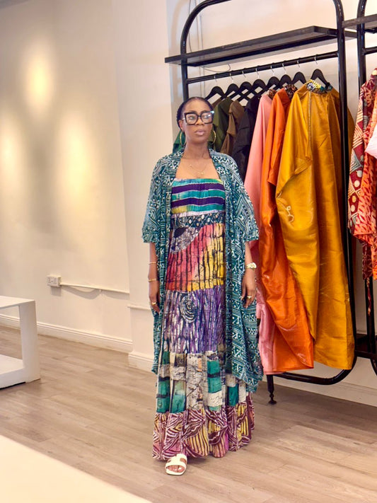 Adire Dress with Kimono (Turquoise)