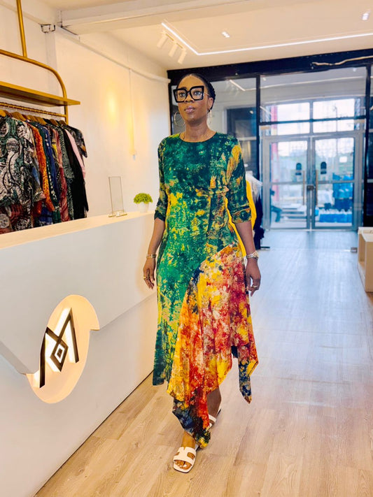 Adire Maxi Dress (Orange & Green)