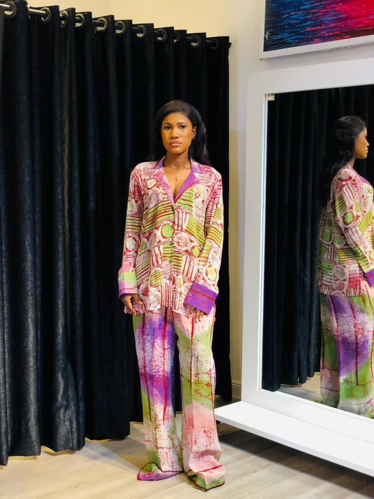 Adire Patterned Chiffon Two Piece (Green)