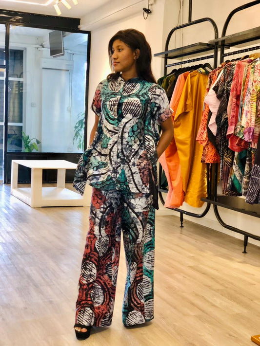 Adire Two Piece (Orange & Teal)