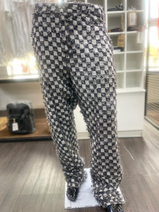 Boohooman Tall Fixed Waist Slim Flare Checked Tapestry Gus Jeans