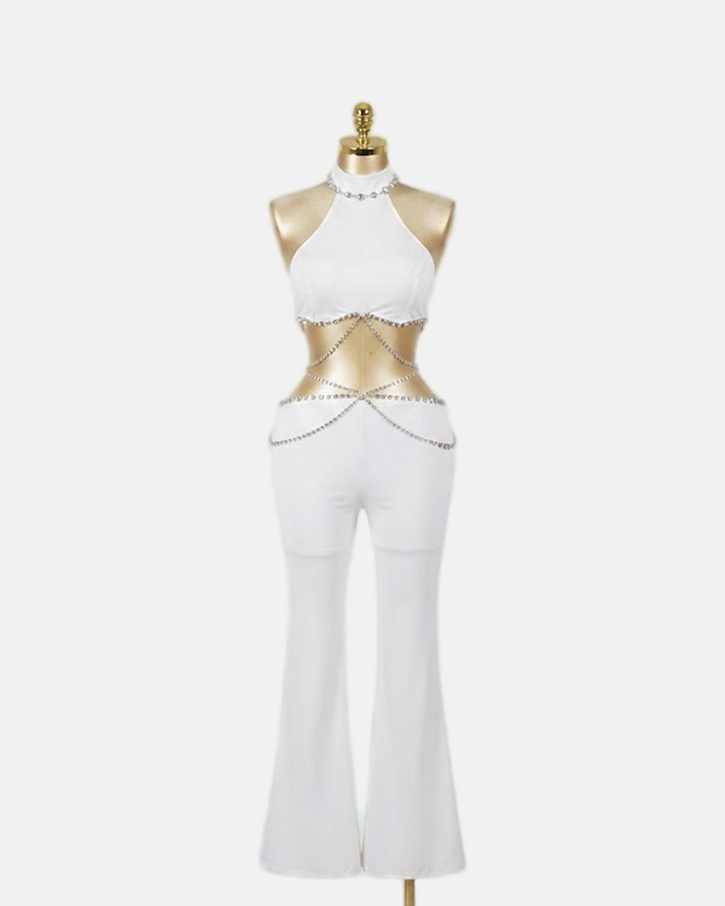 White Waist Cut Out Rhinestone Jumpsuit