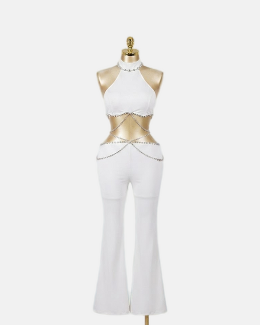 White Waist Cut Out Rhinestone Jumpsuit