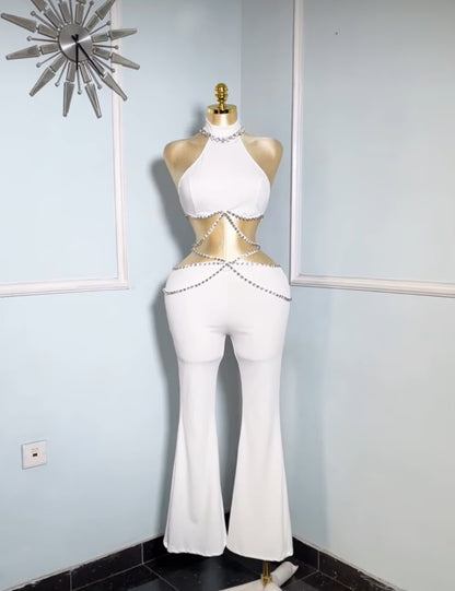 White Waist Cut Out Rhinestone Jumpsuit