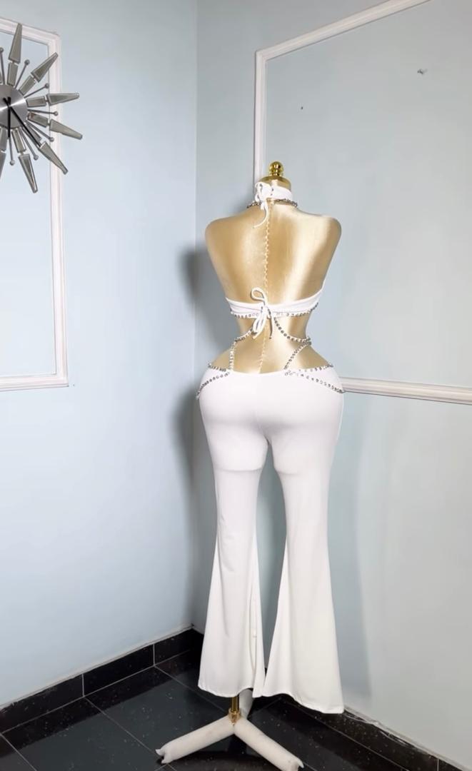 White Waist Cut Out Rhinestone Jumpsuit