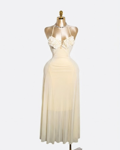 Yellow Mesh Long Dress With Appliqué Floral Bust