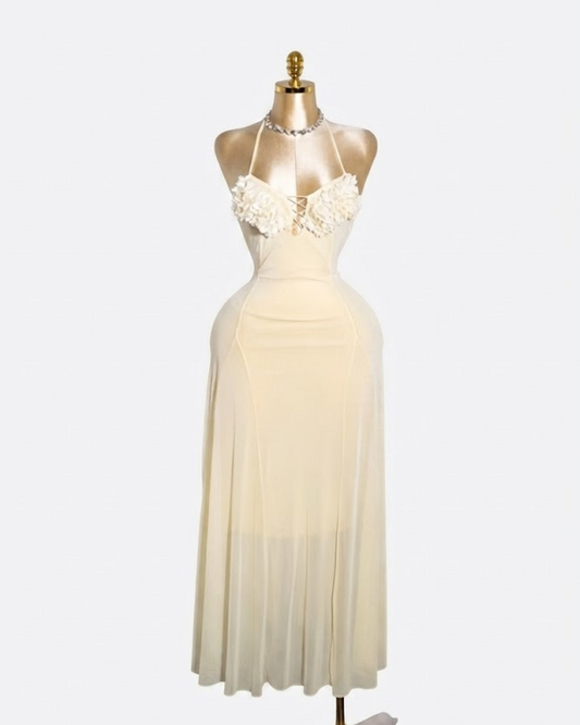 Yellow Mesh Long Dress With Appliqué Floral Bust