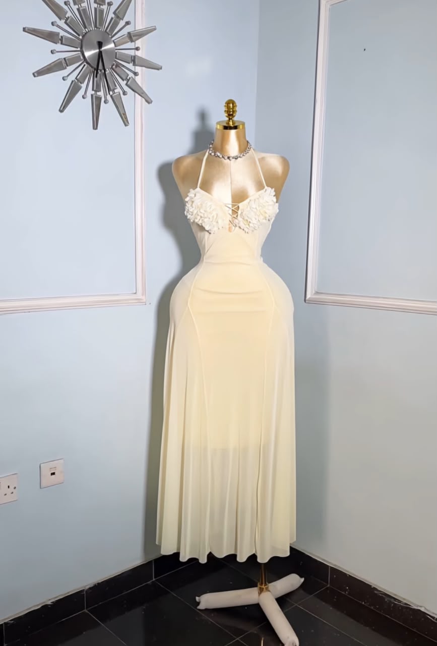 Yellow Mesh Long Dress With Appliqué Floral Bust