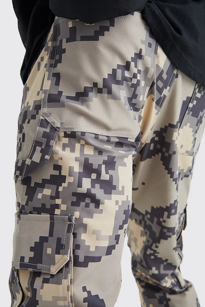 Boohooman Tall Fixed Slim Flare Gusset Pixed Camo Trouser in Grey