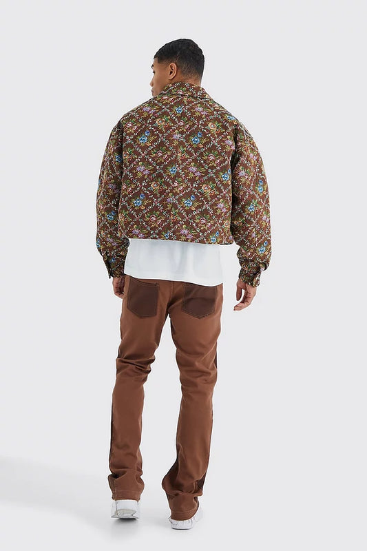 Boohooman Plus Boxy Floral Tapestry Trucker In Chocolate