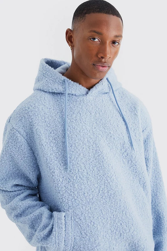 Boohooman Oversized Boxy Boucle Borg Hoodie In Blue