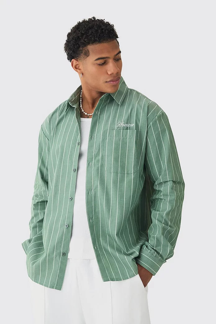Boohooman ls oversized embroided stripe shirt