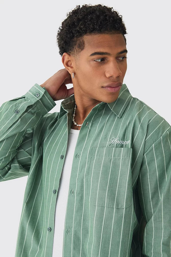 Boohooman ls oversized embroided stripe shirt