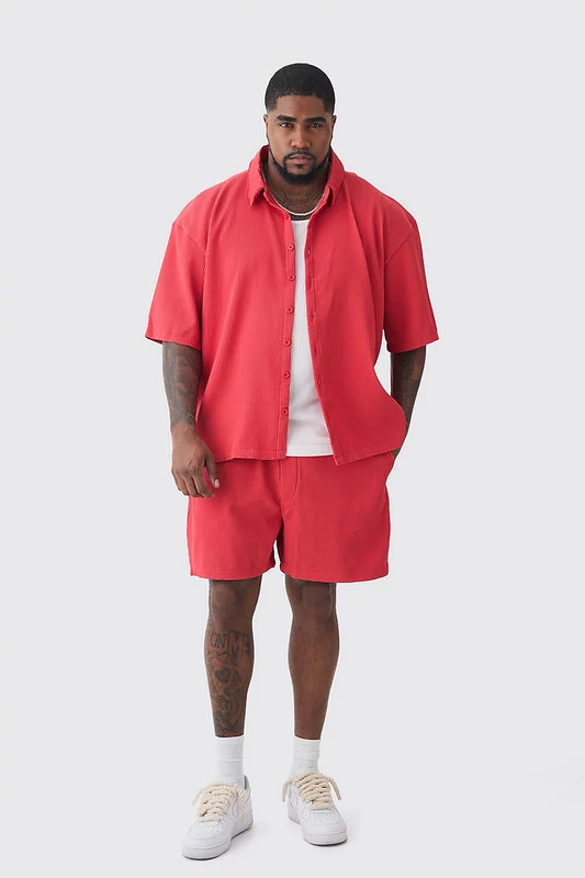 Boohooman Linen Embroidered Revere Ss Shirt In Red