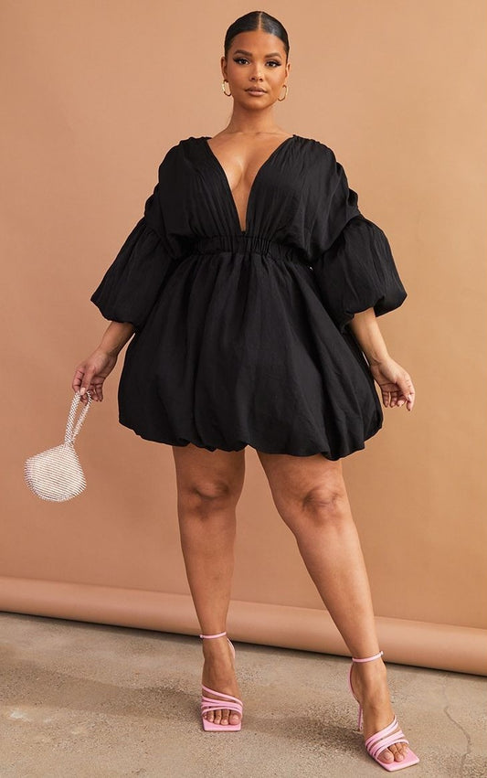 Prettylittlething plus puff sleeve puffball hem dress in black_24