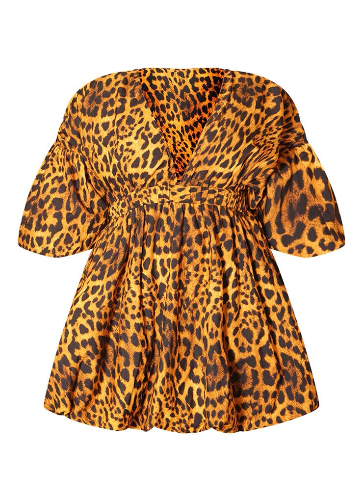 Prettylittlething leopardpuff sleevepuffball hem dress in brown