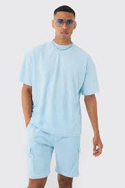 BOOHOOMAN OVERSIZED EXTENED NECK TOWELLING T-SHIRT & CARGO SHORT