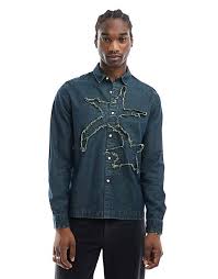 ASOS DISIGN RELAXED DENIMSHIRT WITH STAR FRAYED APPLIQU