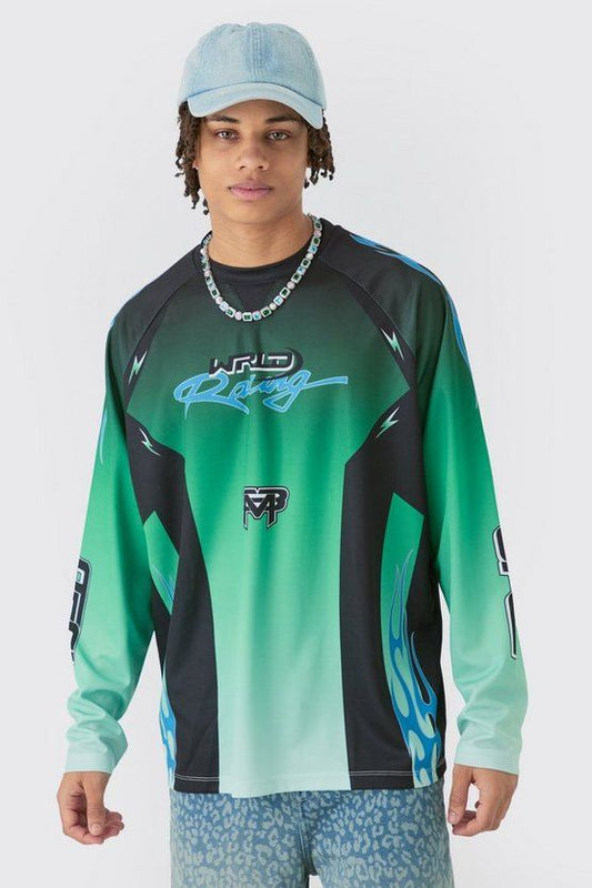 Boohooman Oversized Motorsport Man Printed Ls T-Shirt In Green