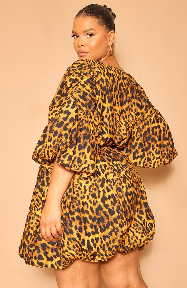 Prettylittlething leopardpuff sleevepuffball hem dress in brown