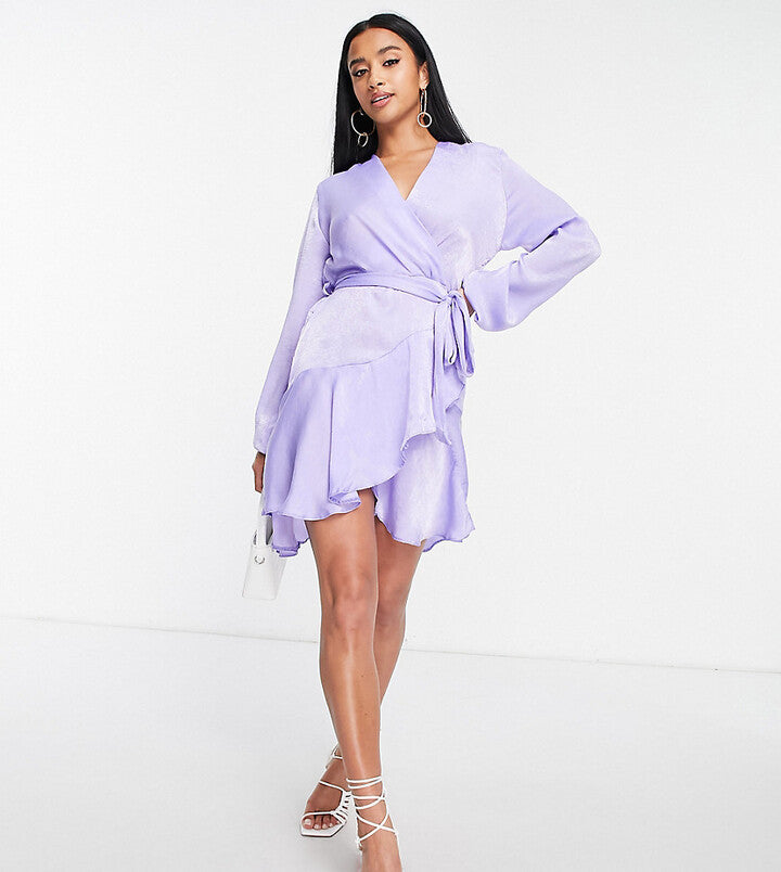 First distraction satin mini women wrap dress in lilac