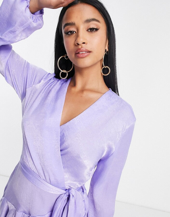 First distraction satin mini women wrap dress in lilac