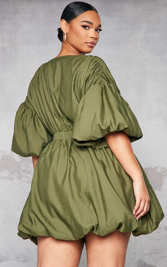 Prettylittlething plus khaki puff puffball hem shirt dress in green_18